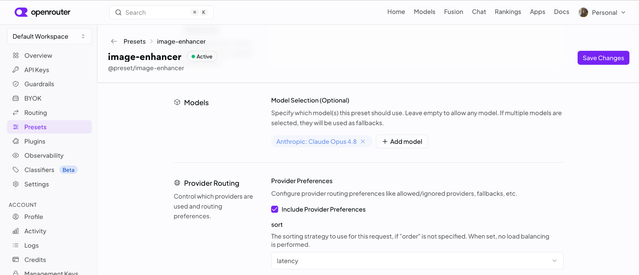 OpenRouter preset editor showing the Models section with Claude Opus 4.8 selected and the Provider Routing section with sort set to latency